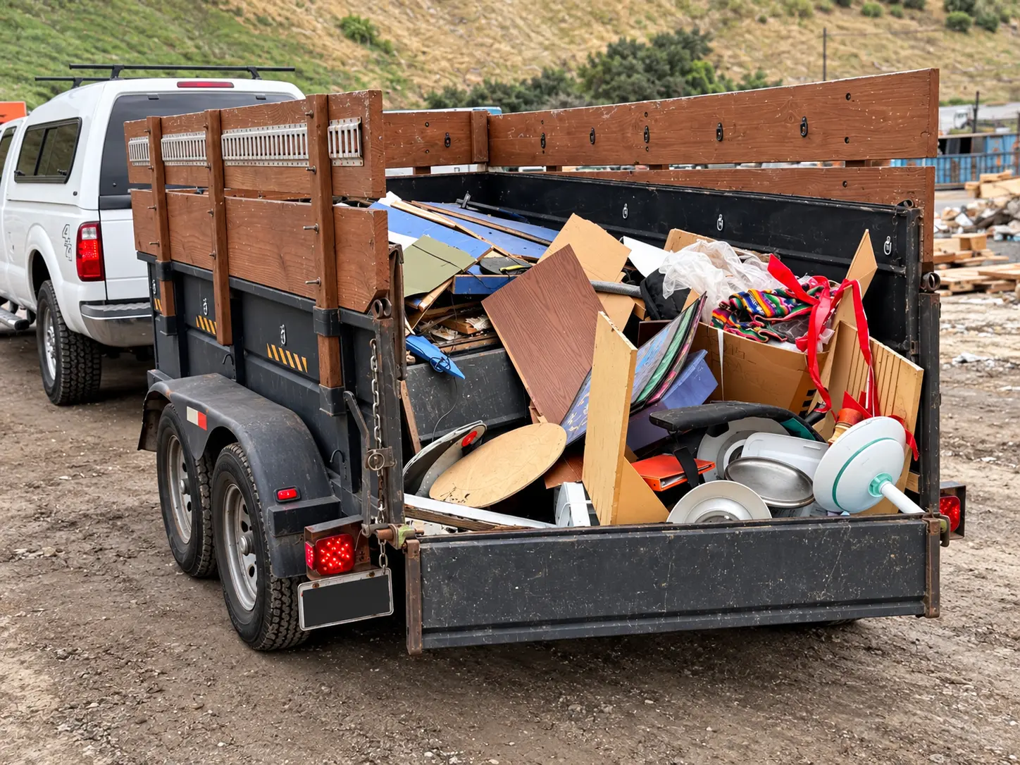Dump trailer loaded with household items during an Easy Eight junk removal job.